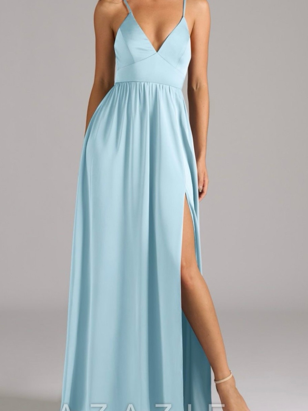 Sky Blue Azazie Aaida A-Line Stretch Satin Dress with Side Slit